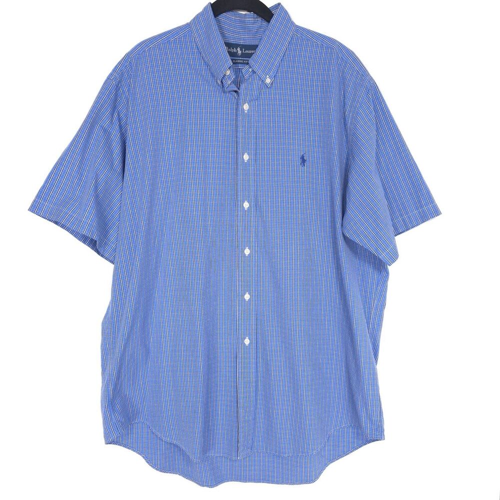 RALPH LAUREN Men’s Shirt LARGE Classic Fit Blue Short Sleeve Plaid Button Down